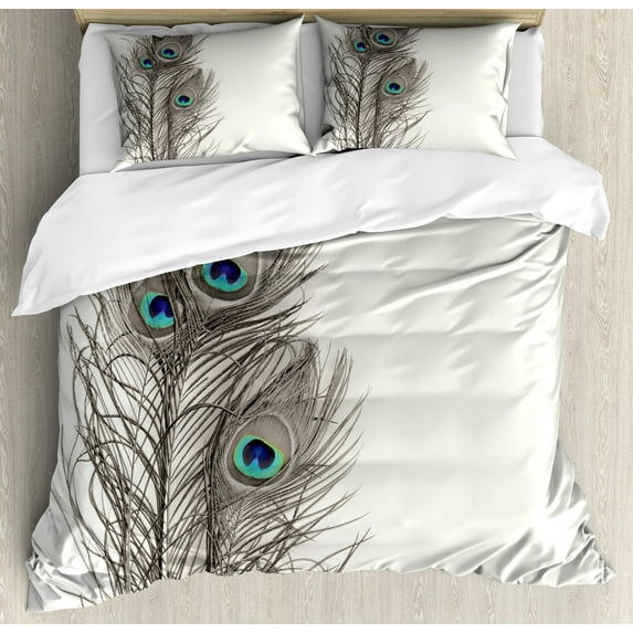 Peacock Duvet Cover Set, Feathers of Exotic Bird on White Backdrop Bohemian Wildlife Composition, Decorative 3 Piece Bedding Set with 2 Pillow Shams, King Size, White Taupe and Blue, by Ambesonne