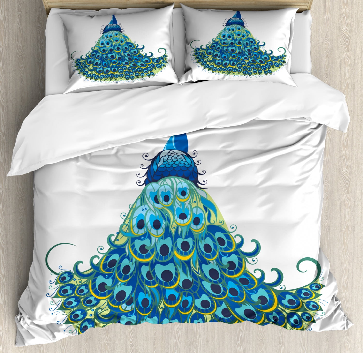King Size Blue and Yellow Peacock Duvet Cover Set