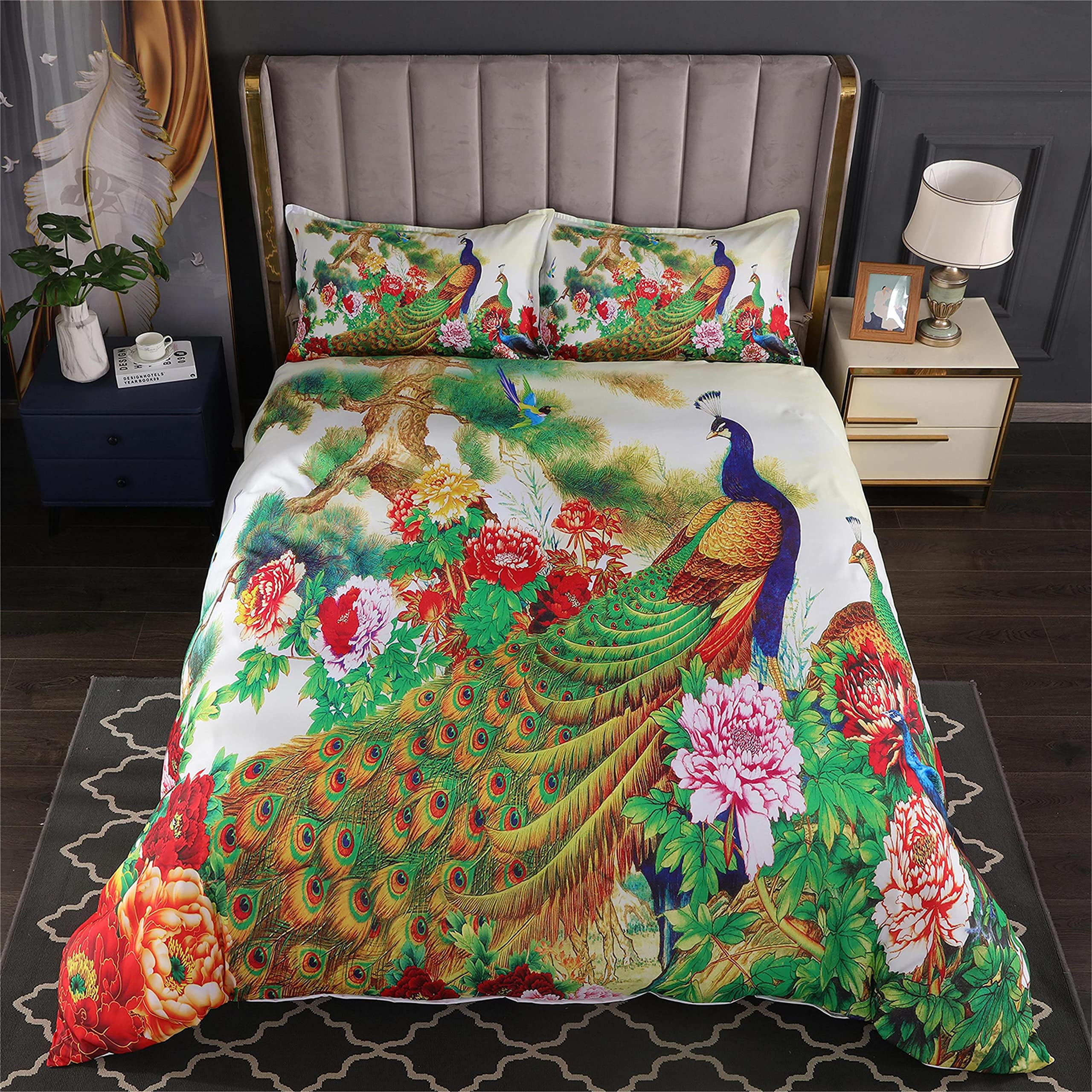 Peacock Duvet Cover Set King Size Floral Pattern Bedding Set Retro