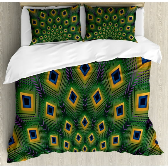 Peacock Duvet Cover Set, Modern Abstract Geometry Inspired Pattern of Fascinating Feathers, Decorative 3 Piece Bedding Set with 2 Pillow Shams, King Size, Forest Green Multicolor, by Ambesonne