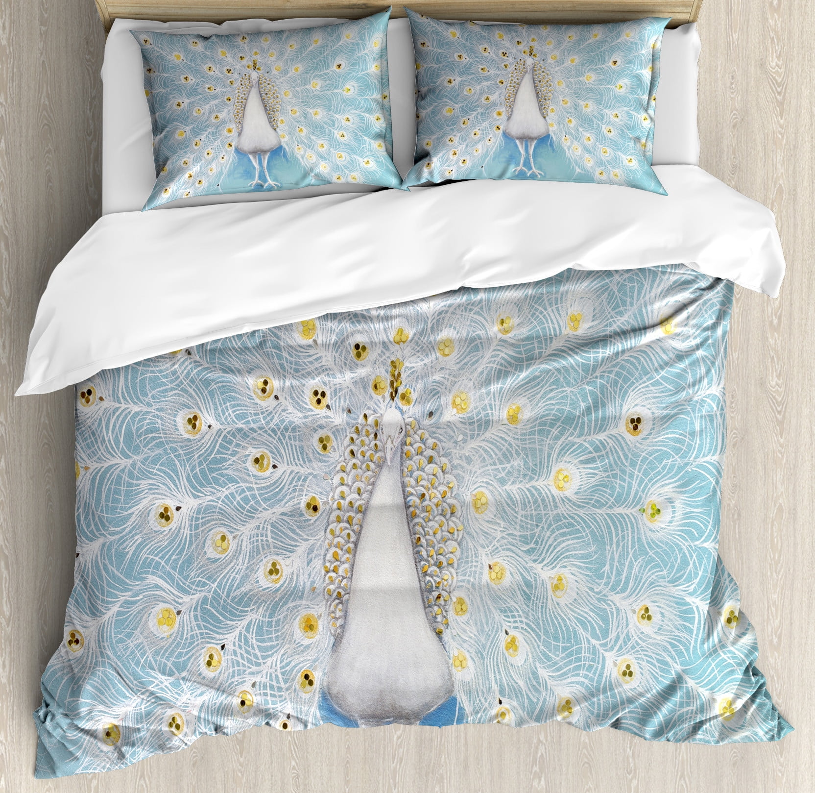 Peacock Pattern Queen Duvet Cover Set in Pale Blue and Yellow