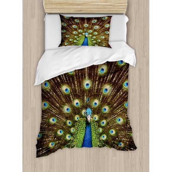 Peacock Duvet Cover Set, Portrait of Animal Feathers out Vibrant Colors Birds Summer Garden, Decorative 2 Piece Bedding Set with 1 Pillow Shams, Twin Size, Navy Blue Green Brown, by Ambesonne