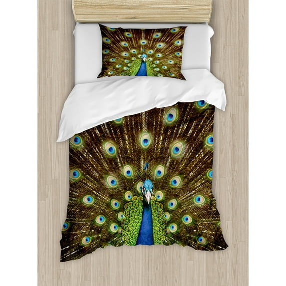 Peacock Duvet Cover Set, Portrait of Animal Feathers out Vibrant Colors Birds Summer Garden, Decorative 2 Piece Bedding Set with 1 Pillow Shams, Twin Size, Navy Blue Green Brown, by Ambesonne