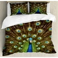 thumbnail image 1 of Peacock Duvet Cover Set, Portrait of Animal Feathers out Vibrant Colors Birds Summer Garden, Decorative 3 Piece Bedding Set with 2 Pillow Shams, Queen Size, Navy Blue Green Brown, by Ambesonne, 1 of 3