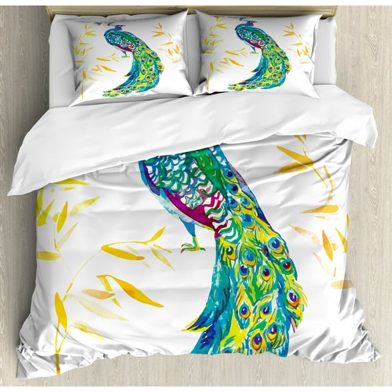 Peacock Duvet Cover Set Queen Size, Digital Watercolor Paint Creature Female Peacock Large Tail with Eyespots Image, Decorative 3 Piece Bedding Set with 2 Pillow Shams, Multicolor, by Ambesonne