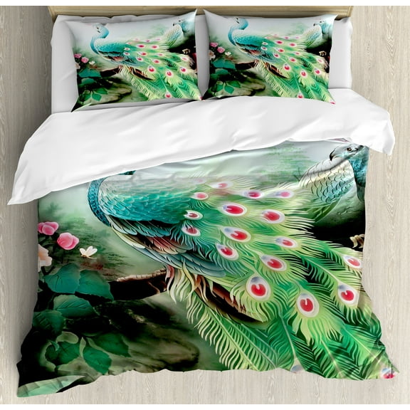 Peacock Duvet Cover Set, Summer Flower Fantasy Garden in Vibrant Colors Painting Effects Nature Art Print, Decorative 3 Piece Bedding Set with 2 Pillow Shams, Calking Size, Green Fuchsia, by Ambesonne