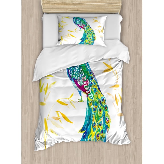 Peacock Duvet Cover Set Twin Size, Digital Watercolor Paint Creature Female Peacock Large Tail with Eyespots Image, Decorative 2 Piece Bedding Set with 1 Pillow Sham, Multicolor, by Ambesonne