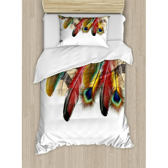 Peacock Duvet Cover Set Twin Size, Mystical Colorful Peacock Feathers Vibrant Universal Link Icons Bohemian Theme, Decorative 2 Piece Bedding Set with 1 Pillow Sham, Multicolor, by Ambesonne