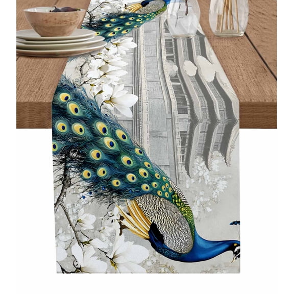 Peacock Elegant Burlap Cotton Table Runner 13x70 Inches Long, Watercolor Feather Retro Attic Flower Farmhouse Table Runners, Outdoor Dining Tablecloths Decor for Baby Shower/Party/Wedding