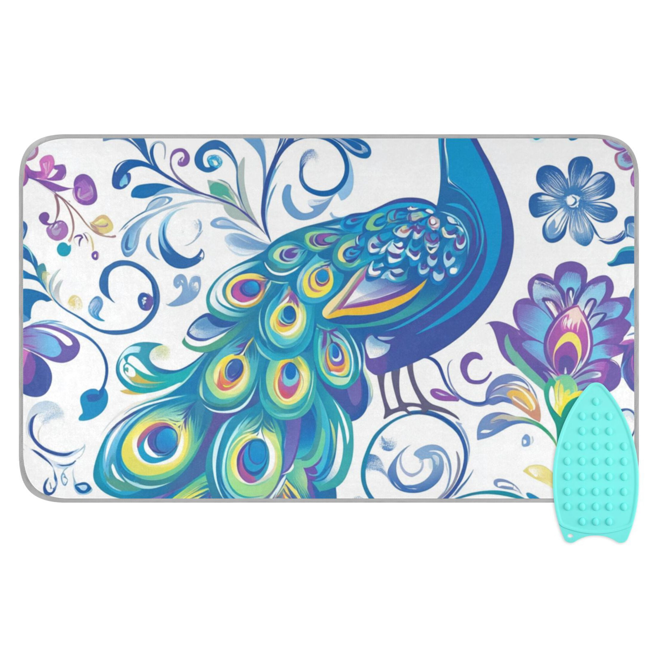 Peacock Elegant Flowers Hand Painted Ironing Mat Blanket Portable Travel Ironing Pad Heat Resistant Pad 47.2" x 27.6”