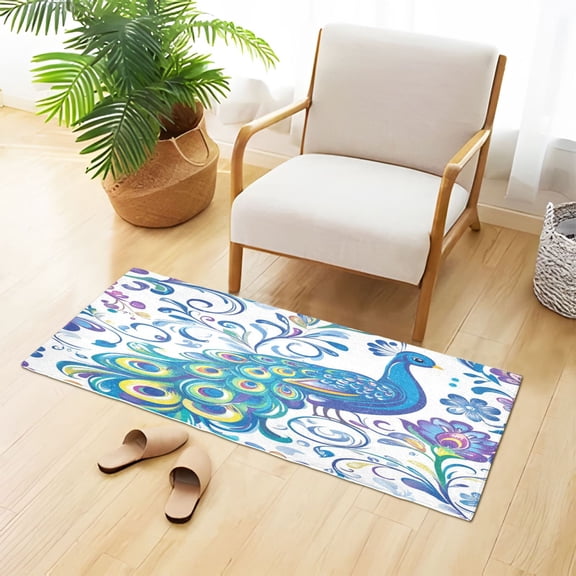 Peacock Elegant Flowers Hand Painted Plush Carpet Non Slip Runner Rug Absorbent Bath Mat 39" x 20"