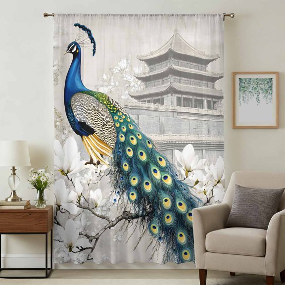 Peacock Elegant Sheer Curtains 54 Inches Long, Watercolor Feather Retro Attic Flower Light Filering Curtains, Breathable Simi Curtain Privacy Drapes for Kitchen Bathroom Small Window Treatment