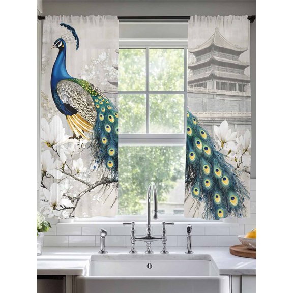 Peacock Elegant Sheer Curtains for Living Room Bedroom Watercolor Feather Retro Attic Flower Sheer Curtains 63 Inch Long 2 Panels Set Light Filtering Curtain Window Treatments Drapes for Dining Room