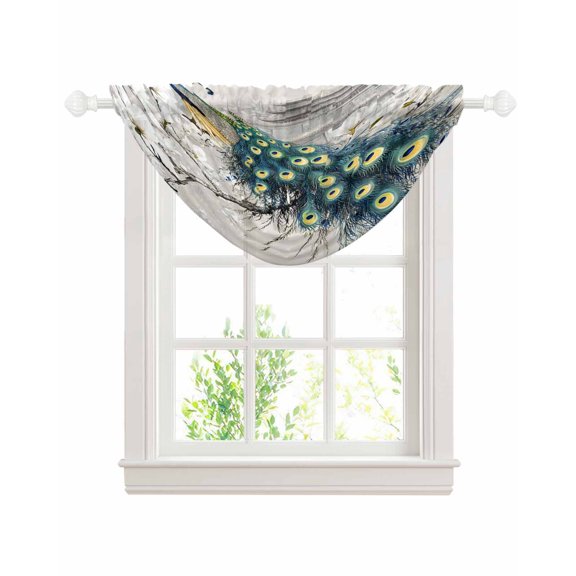 Peacock Elegant Sheer Waterfall Valance Curtains for Window, Watercolor Feather Retro Attic Flower Rod Pocket Sheer Topper Swag Curtains for Living Room, Kitchen 38.5"W x 47.2"L, 1 Panel