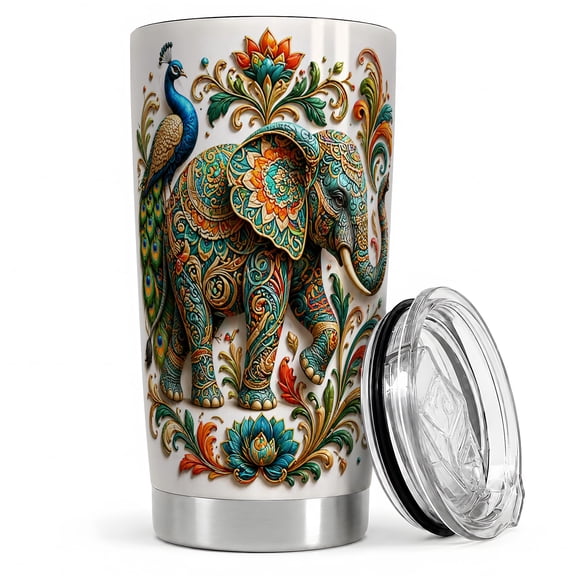 Peacock Elephant 20oz Tumbler, Peacock Elephant Tumbler, Daily Coffee Cup for Travel, Ornate Animal Art with Floral Mandala, Teal Leafy Scrolls, Boho Garden Bird Accents for Women