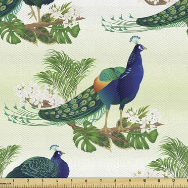 Ambesonne Peacock Fabric by the Yard Upholstery, Ostrich and Monstera Art, 2 Yards, Pale Green Multicolor