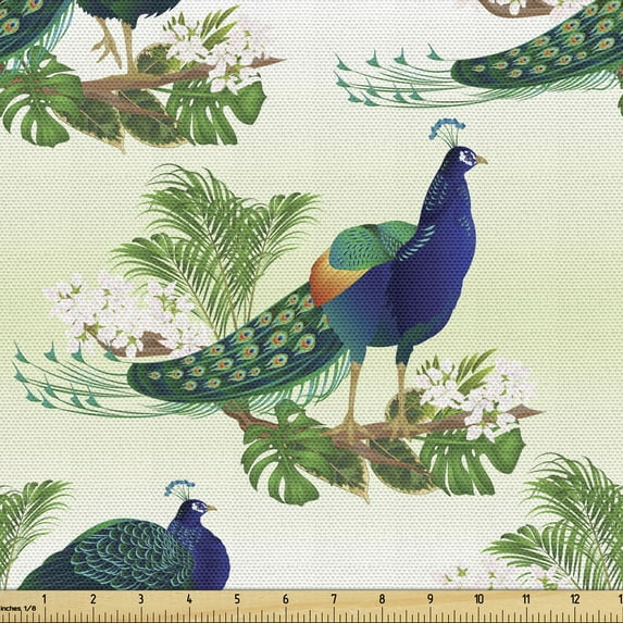 Ambesonne Peacock Fabric by the Yard Upholstery, Ostrich and Monstera Art, 2 Yards, Pale Green Multicolor