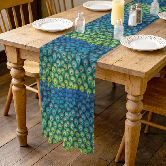 Peacock Feather 10ft Cheesecloth Table Runner for Wedding 27"x120", Retro Abstract Jade Green Blue Peacock Feather Kitchen Dinner Sheer Tulle Chiffon Dresser Scarf, Holiday Party Decorations