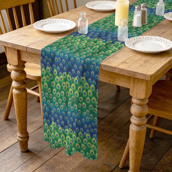 Peacock Feather 10ft Cheesecloth Table Runner for Wedding 27"x120", Retro Jade Green Blue Peacock Feather Kitchen Dinner Sheer Tulle Chiffon Dresser Scarf, Holiday Party Decorations