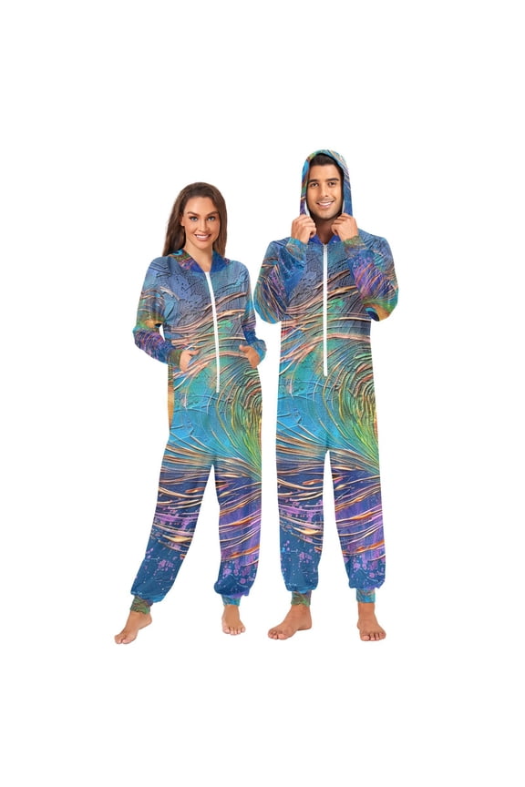 Peacock Feather Adult Onesie Pajamas Slim Fit Christmas One Piece Suit Pjs for Women and Men Hooded Zipper