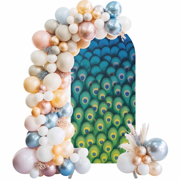 Peacock Feather Arch Backdrop Cover 4 FT Retro Abstract Jade Green Blue Peacock Feather Stretchy Elastic Arch Stand Covers Spandex Arched Background Birthday Wedding Party Decoration (No Stand)
