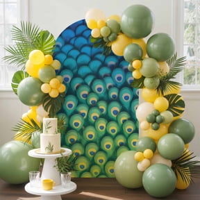 Peacock Feather Arch Backdrop Cover, 6FT, Retro Abstract Jade Green Blue Peacock Feather Spandex Arch Covers Double-Sided Backdrop for Wedding Birthday Party Photo Background Decoration