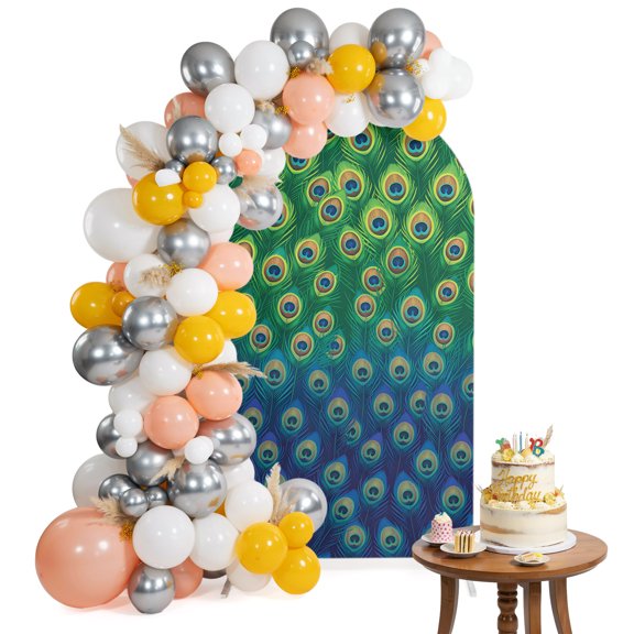 Peacock Feather Arch Backdrop Cover 6FT Retro Jade Green Blue Peacock Feather Spandex Fitted Arch Covers Stretchy Backdrop Decoration for Wedding Birthday Graduation Party