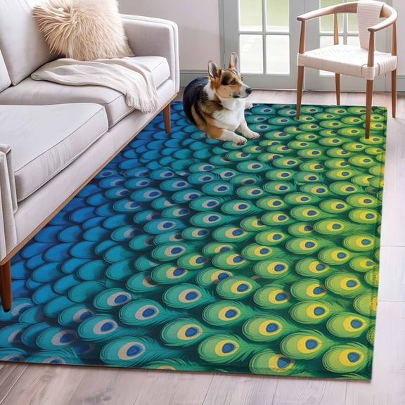 Peacock Feather Area Rugs 3x5 ft Retro Abstract Jade Green Blue Peacock Feather Washable Rug Non Slip Indoor Carpet Absorbent Floor Mat for Living Room Bedroom Dining Room