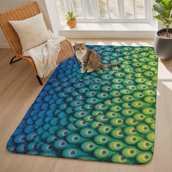 Peacock Feather Area Rugs for Living Room 5x6, Retro Abstract Jade Green Blue Peacock Feather Washable Area Rug with Non Slip Backing, Stain Resist Carpet for Bedroom, Dining Room, Entryway, Entrance