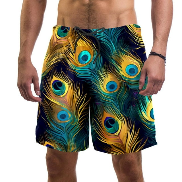 Peacock Feather Art Pattern Men's Beach Shorts Quick Dry Swim Trunks ...