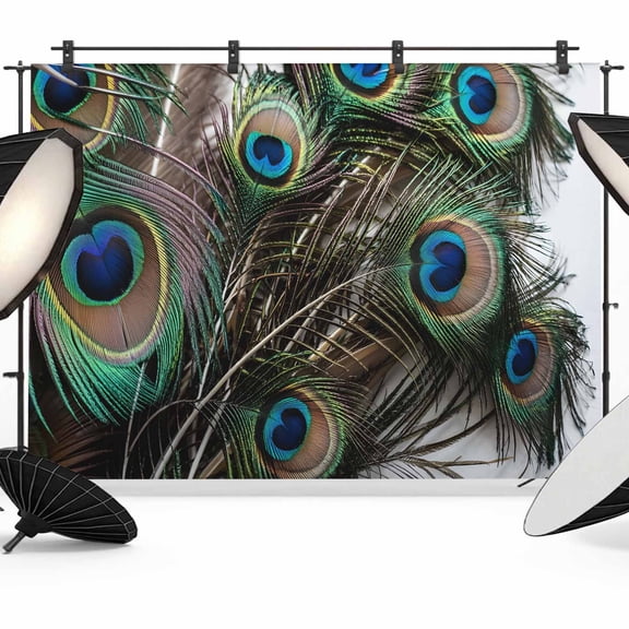 Peacock Feather Backdrop for Photography,Fabric Photo Background Backdrop,Teal Blue Bird Feather Modern Art Printed Photo Booth Background for Portrait Photoshoot Video Wedding Studio Banner 12x8ft