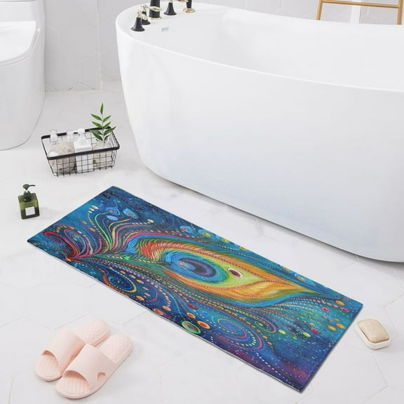 Peacock Feather Bath Mat 39x20 Non-Slip Bathroom Rugs Absorbent Soft Plush Quick Dry for Tub Shower Kitchen Home Decor