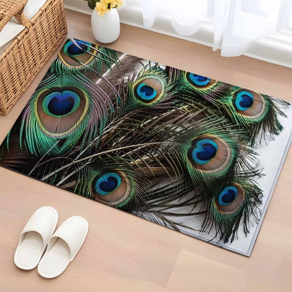 Peacock Feather Bathroom Rug Washable 2x3 Entryway Rug Non Slip Teal Blue Bird Feather Modern Art Printed Front Door Mat Low Pile Indoor Doormat Throw Floor Carpet for Kitchen Bedroom Entrance