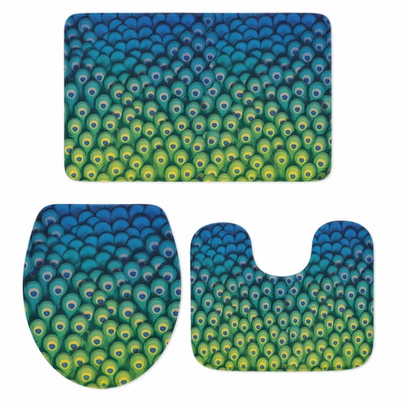 Peacock Feather Bathroom Rugs Set Retro Abstract Jade Green Blue Peacock Feather Non Slip Absorbent Soft Bath Mats 3 Piece Set with Bathroom Rug, U-Shaped Floor Mat, Toilet Seat Cover Small Size
