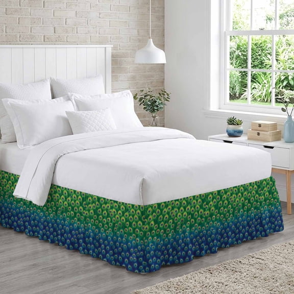 Peacock Feather Bed Skirt California King Size 16 Inch Drop, Retro Jade Green Blue Peacock Feather Adjustable Elastic Dust Ruffles Bedskirt Wrap Around Pleated Mattress Frame Cover