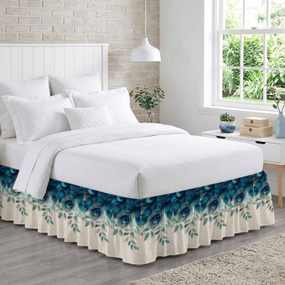 Peacock Feather Bed Skirt California King Size 18" Drop Teal Green Adjustable & Elastic Wrap Around Bed Skirts Pleated Dust Ruffles