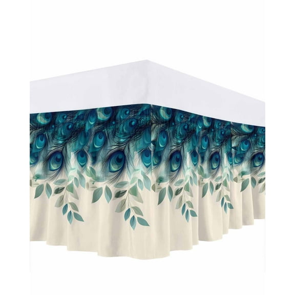 Peacock Feather Bed Skirt King Size 18" Drop Teal Blue Green Leaf Abstract Ruffled Wrap Around Bed Skirts Adjustable Elastic Bedskirt Dust Ruffle for King Size Bed