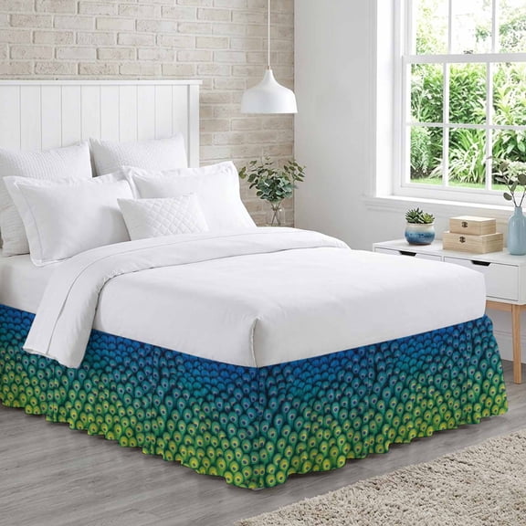 Peacock Feather Bed Skirt Queen Size 18 Inch Drop, Retro Abstract Jade Green Blue Peacock Feather Adjustable Elastic Dust Ruffles Bedskirt for Queen Bed Wrap Around Pleated Mattress Frame Cover