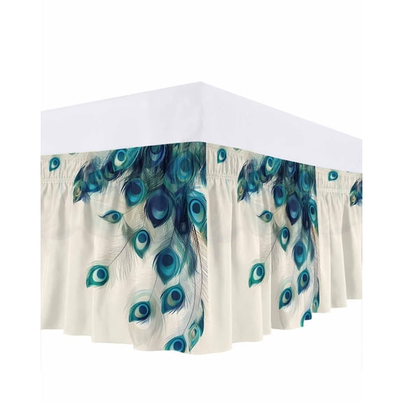Peacock Feather Bed Skirt Queen Size, Teal Ethnic Rustic Farmhouse Elegant Wrap Around Bed Skirting with Adjustable Elastic Strap, Dust Ruffle Pleated Bedskirts 16 Inch Drop for Bedroom Queen Beds