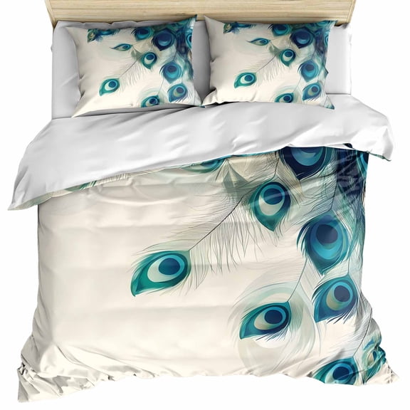 Peacock Feather Bedding 3 Piece Duvet Cover Set California King, Teal Ethnic Rustic Farmhouse Elegant Soft Microfiber Comforter Cover with Zipper Closure & Pillowcases, FadeResistant Quilt Cover