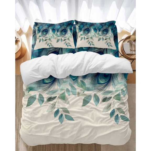 Peacock Feather Bedding Duvet Cover Set King Size 4 Pieces Teal Blue Green Leaf Abstract Bedding Set with Zipper Closure, 1 Comforter Cover 92x106 Inches 1 Flat Sheet & 2 Pillow Cases