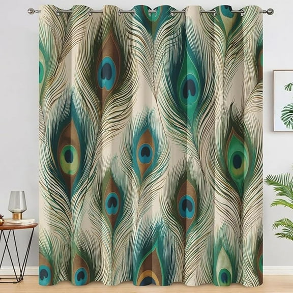 Peacock Feather Blackout Curtains for Bedroom, Thermal Boho Peacock Curtains, Grommet Drapes Window, Exotic Feather Room Decor Living Room 26"W x 54"L (Pack of 2)