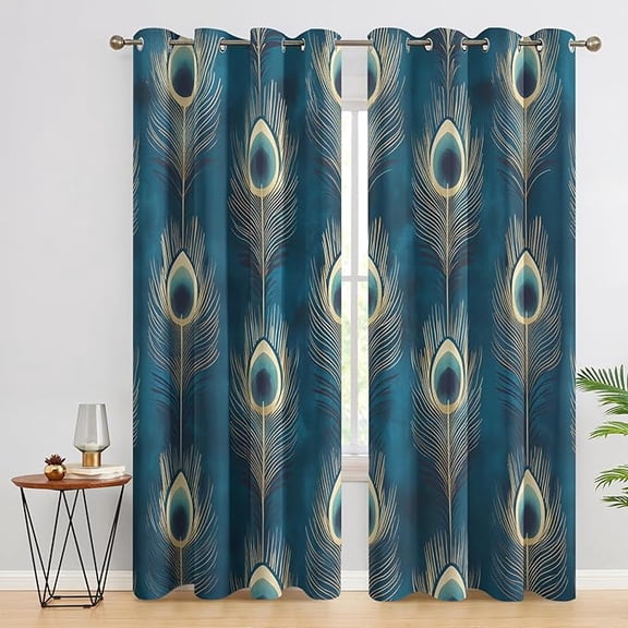 Peacock Feather Blackout Curtains, Peacock Blue Curtains for Bedroom Living Room - Feather Decor Window Curtains, Grommet Drapes 26"W x 45"L (Pack of 2)