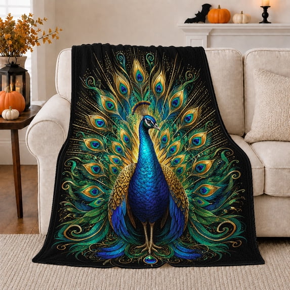 Peacock Feather Blue Gold Design, Cozy Friendship Quote Scene, Warm Flannel Blanket for Living Room and Reading Nook, Art Lovers Friendship Gift, Artistic Home Decor