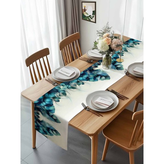 Peacock Feather Blue Gradient Table Runner 13x70in Non-Slip Cotton Linen Table Runners, Minimalist Style Dresser Scarves TableRunner for Dinner Kitchen Dining Wedding Party