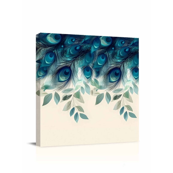 Peacock Feather Canvas Wall Art, Teal Blue Green Leaf Abstract Framed Wall Decor Modern Artwork Prints Painting for Living Room, Bedroom, Kitchen & Cafe Decor 28x28 Inch