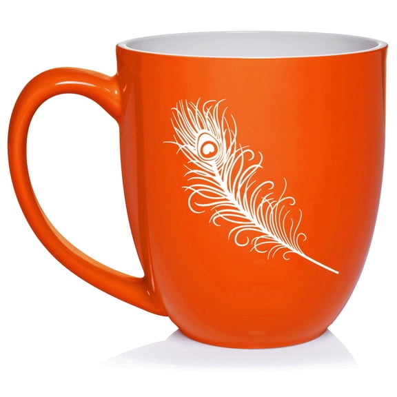 Peacock Feather Ceramic Coffee Mug Tea Cup Gift for Her, Him, Friend, Coworker, Wife, Husband (16oz Orange)
