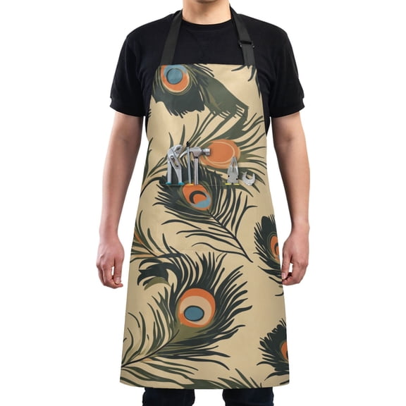 Peacock Feather Chef Kitchen Apron with Pockets for Women Waterproof Aprons for Cooking Baking
