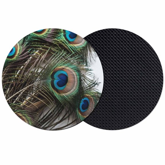 Peacock Feather Coasters Set of 2, Absorbent Coasters for Drinks, Teal Blue Bird Feather Modern Art Printed Coaster for Desk Coffee Table Protection, Home Decor House Warming Gifts 4"