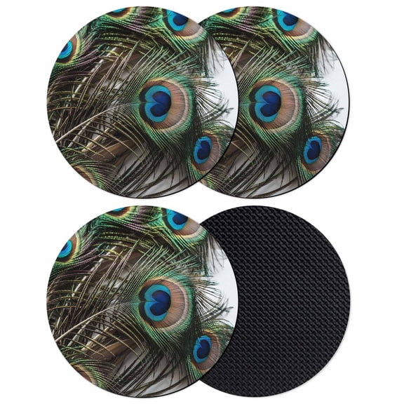Peacock Feather Coasters Set of 4, Absorbent Coasters for Drinks, Teal Blue Bird Feather Modern Art Printed Coaster for Desk Coffee Table Protection, Home Decor House Warming Gifts 4"
